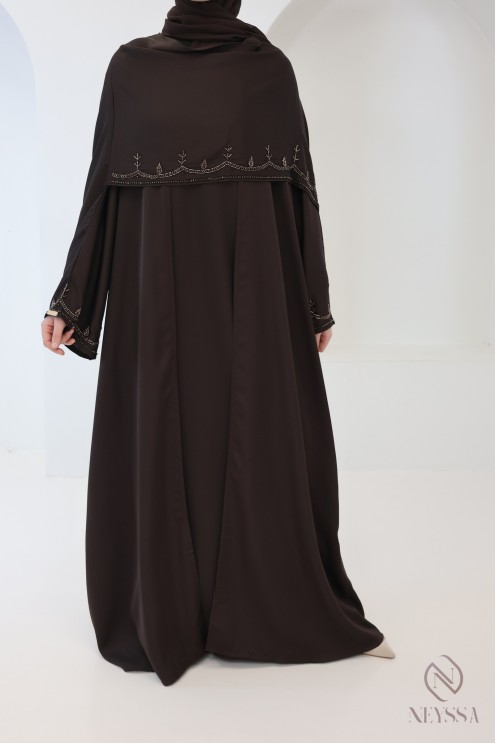 Dubai-Kimono-Abaya mit integriertem Schal, Perlenstickerei