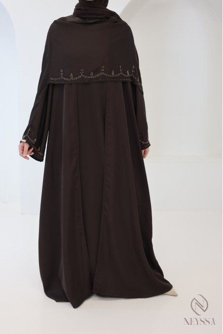 Dubai kimono abaya with integrated shawl, embroidered pearl motifs