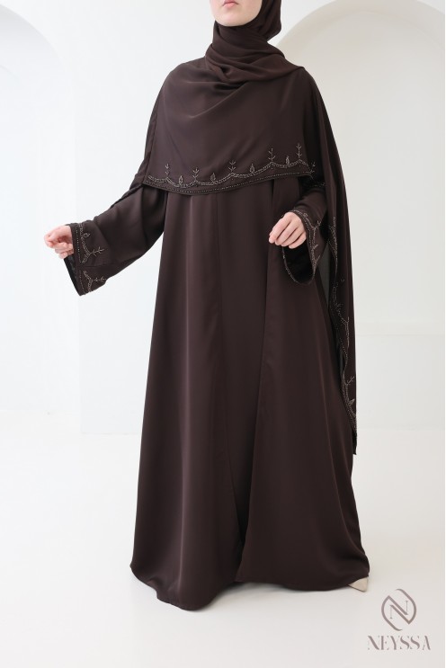 Abaya Dubaï kimono avec châle intégré, motifs de perles brodés