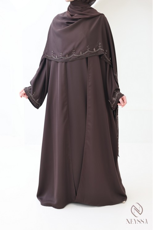 Dubai-Kimono-Abaya mit integriertem Schal, Perlenstickerei