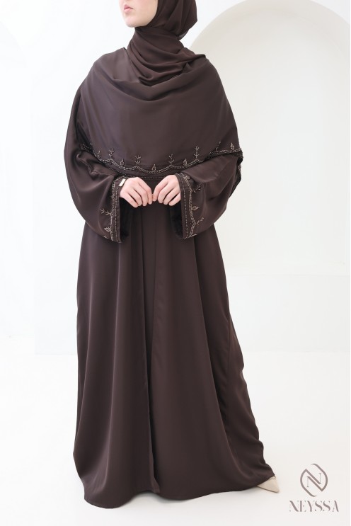 Abaya Dubaï kimono avec châle intégré, motifs de perles brodés