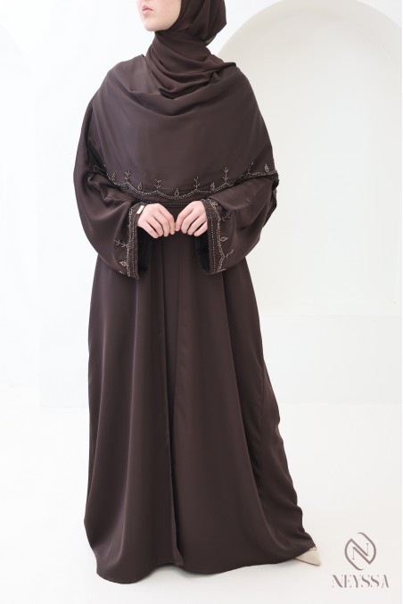 Dubai kimono abaya with integrated shawl, embroidered pearl motifs