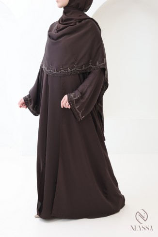 Dubai-Kimono-Abaya mit integriertem Schal, Perlenstickerei
