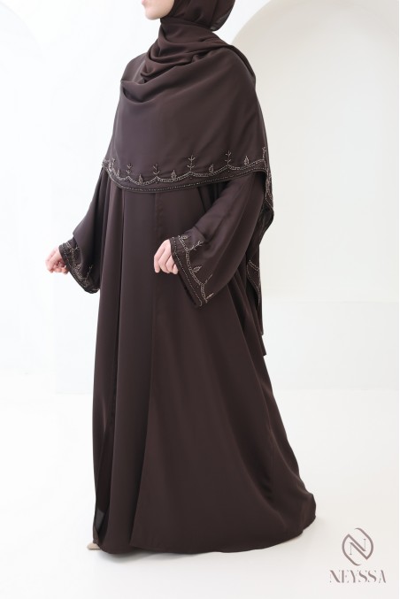 Dubai kimono abaya with integrated shawl, embroidered pearl motifs