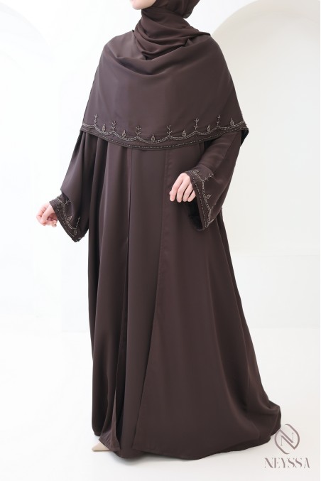 Dubai-Kimono-Abaya mit integriertem Schal, Perlenstickerei