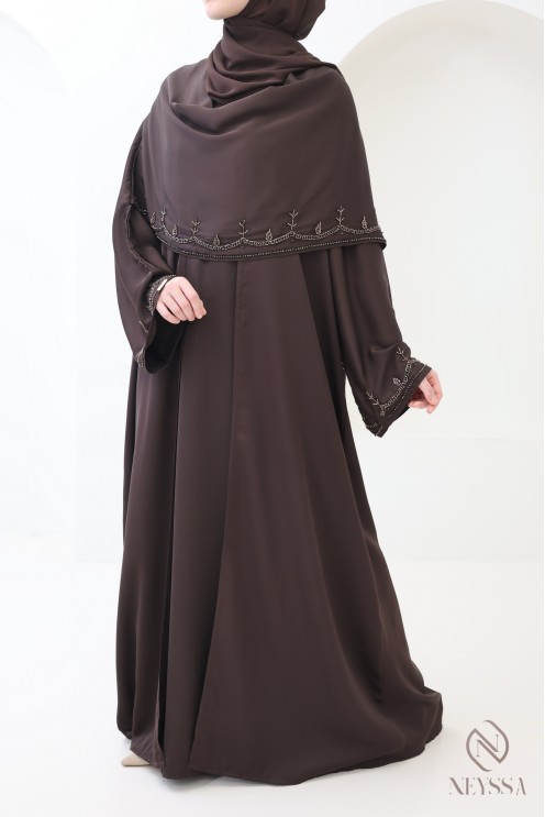 Abaya Dubaï kimono avec châle intégré, motifs de perles brodés