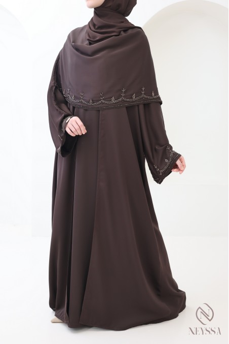 Dubai-Kimono-Abaya mit integriertem Schal, Perlenstickerei