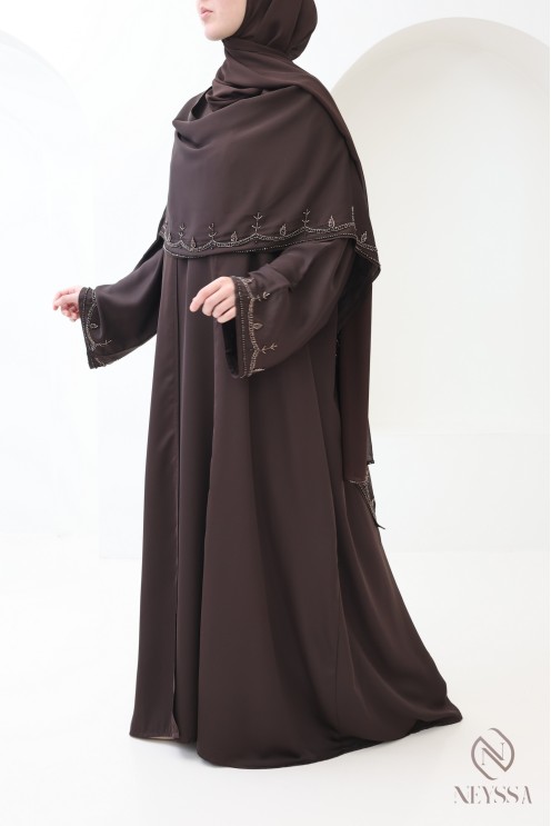 Abaya Dubaï kimono avec châle intégré, motifs de perles brodés