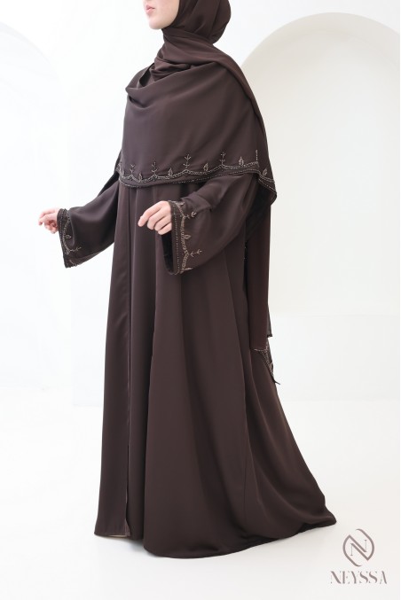 Dubai-Kimono-Abaya mit integriertem Schal, Perlenstickerei