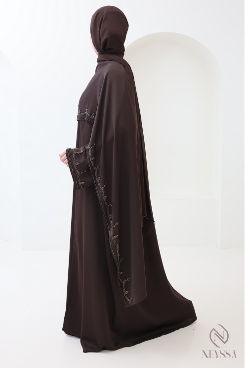 Abaya Dubaï kimono avec châle intégré, motifs de perles brodés