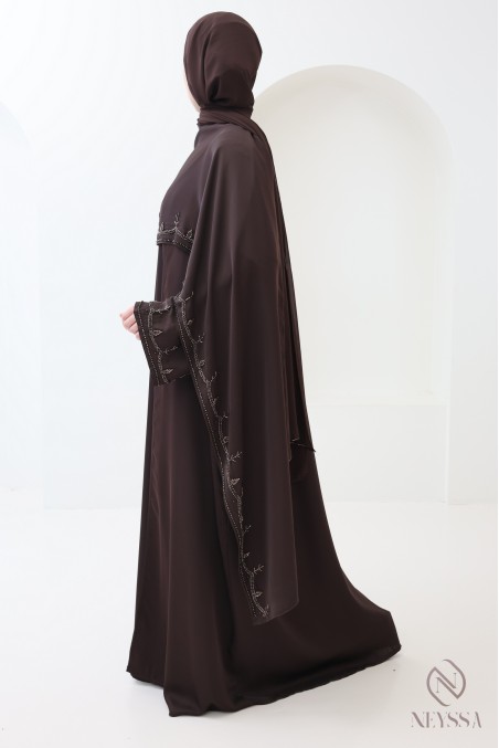 Dubai kimono abaya with integrated shawl, embroidered pearl motifs