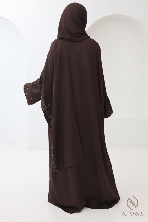 Dubai kimono abaya with integrated shawl, embroidered pearl motifs