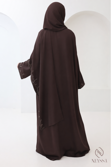 Dubai kimono abaya with integrated shawl, embroidered pearl motifs