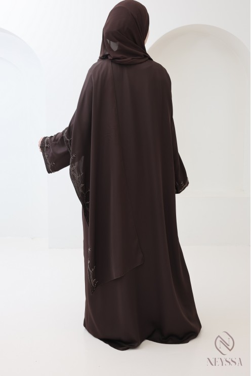Dubai-Kimono-Abaya mit integriertem Schal, Perlenstickerei