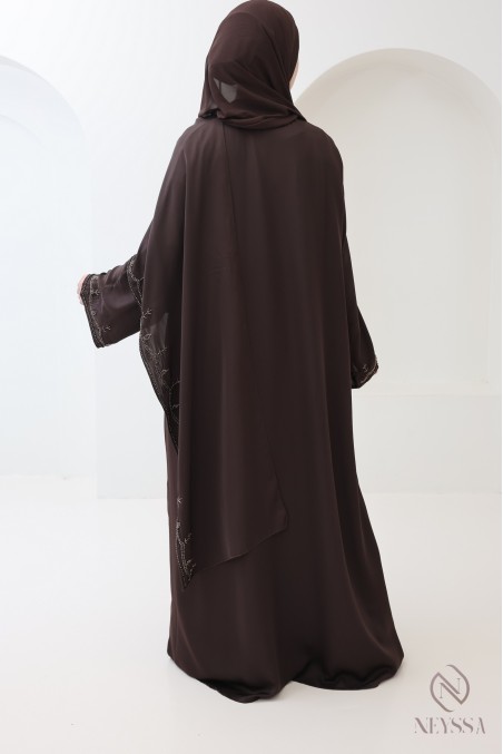Abaya Dubaï kimono avec châle intégré, motifs de perles brodés