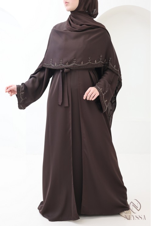 Abaya Dubaï kimono avec châle intégré, motifs de perles brodés