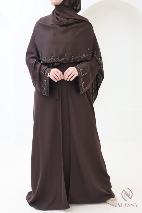 Dubai kimono abaya with integrated shawl, embroidered pearl motifs