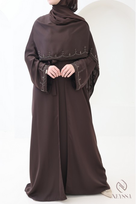 Dubai kimono abaya with integrated shawl, embroidered pearl motifs