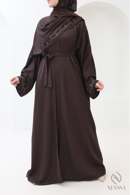 Abaya Dubaï kimono avec châle intégré, motifs de perles brodés