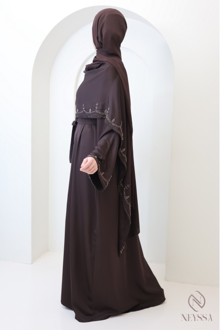 Dubai kimono abaya with integrated shawl, embroidered pearl motifs
