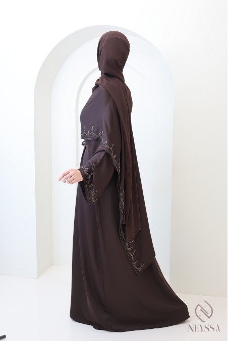 Abaya Dubaï kimono avec châle intégré, motifs de perles brodés