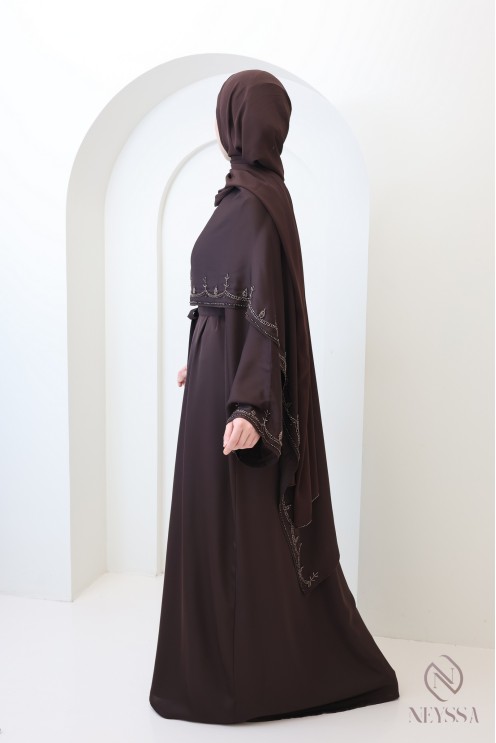 Dubai-Kimono-Abaya mit integriertem Schal, Perlenstickerei