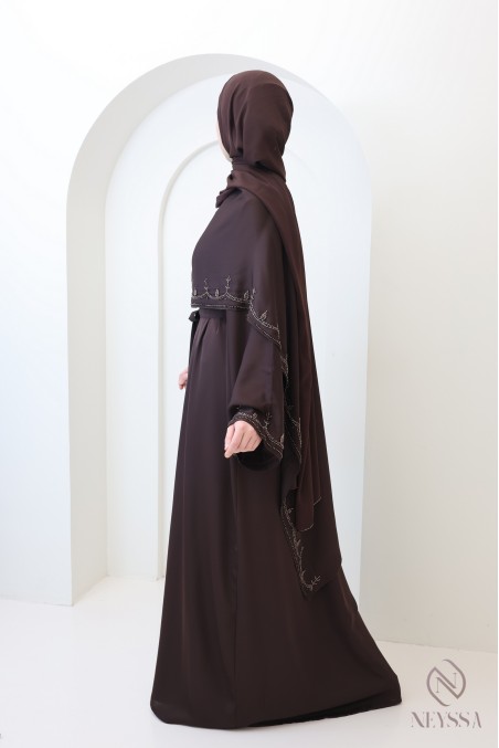 Dubai-Kimono-Abaya mit integriertem Schal, Perlenstickerei