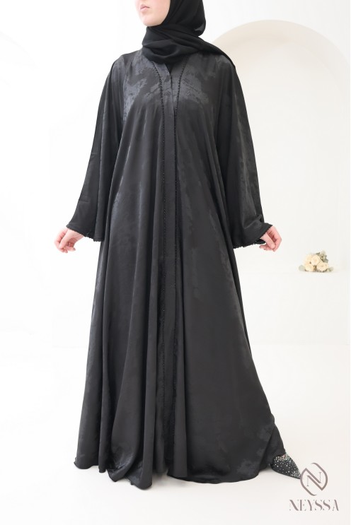 Abaya kimono Dubaï de luxe coupe umbrella noir boisée