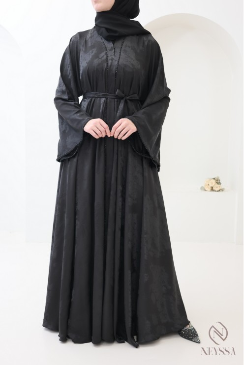 Luxury Dubai kimono abaya with umbrella cut in wooded black