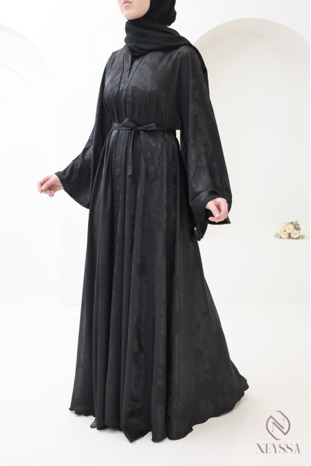 Abaya kimono Dubaï de luxe coupe umbrella noir boisée