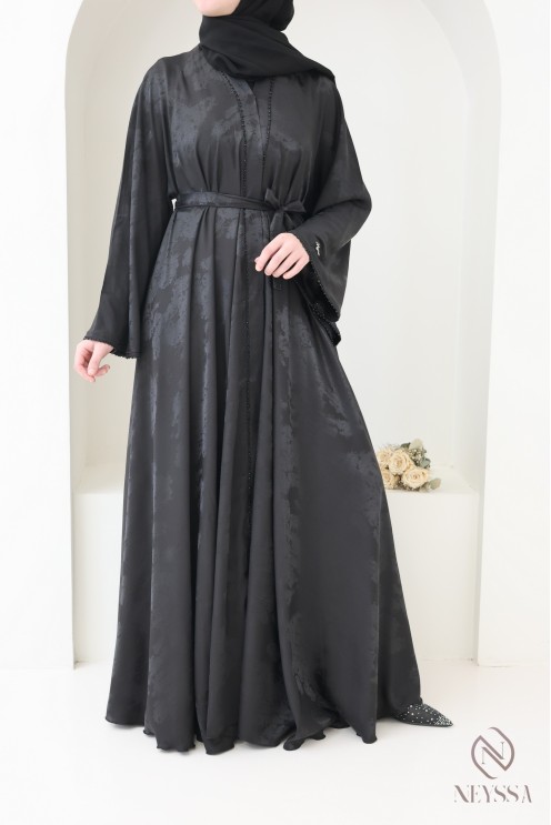 Luxury Dubai kimono abaya with umbrella cut in wooded black