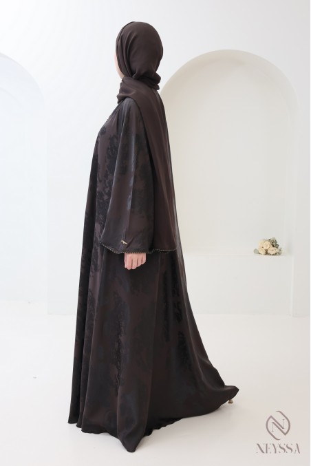 Abaya kimono Dubaï de luxe avec perles chocolat pour femme