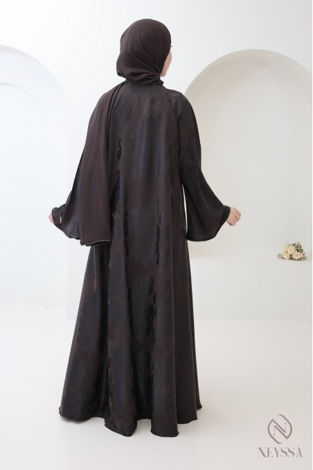 Abaya kimono Dubaï de luxe avec perles chocolat pour femme