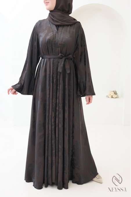 Abaya kimono Dubaï de luxe avec perles chocolat pour femme