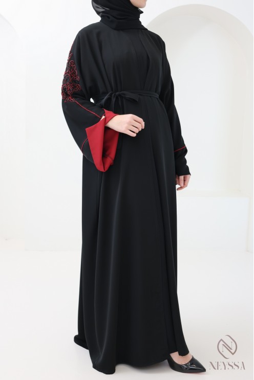 Modern Dubai kimono abaya with beaded patterns, for veiled women