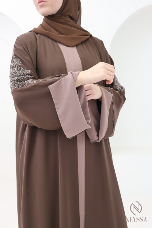 4-piece Dubai abaya, brown kimono abaya with embroidered pearls