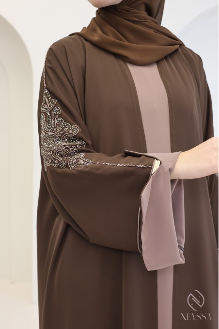 Abaya Dubaï 4 pièces, abaya kimono marron avec perles brodées