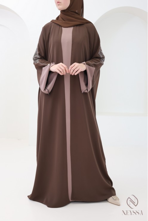 4-piece Dubai abaya, brown kimono abaya with embroidered pearls