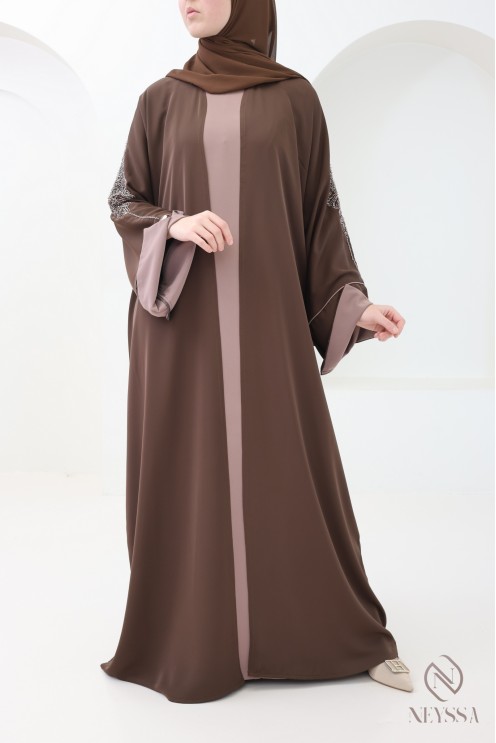 Abaya Dubaï 4 pièces, abaya kimono marron avec perles brodées