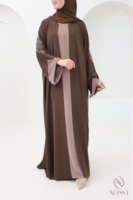 4-piece Dubai abaya, brown kimono abaya with embroidered pearls