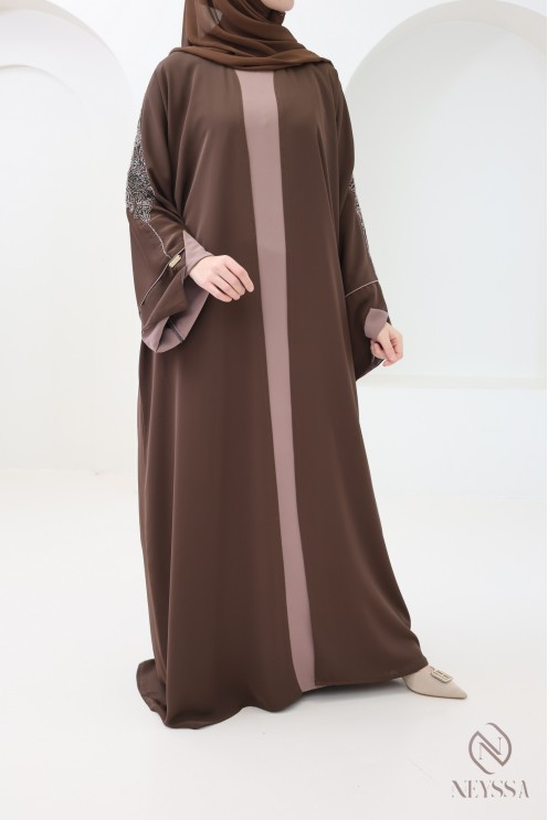 4-piece Dubai abaya, brown kimono abaya with embroidered pearls