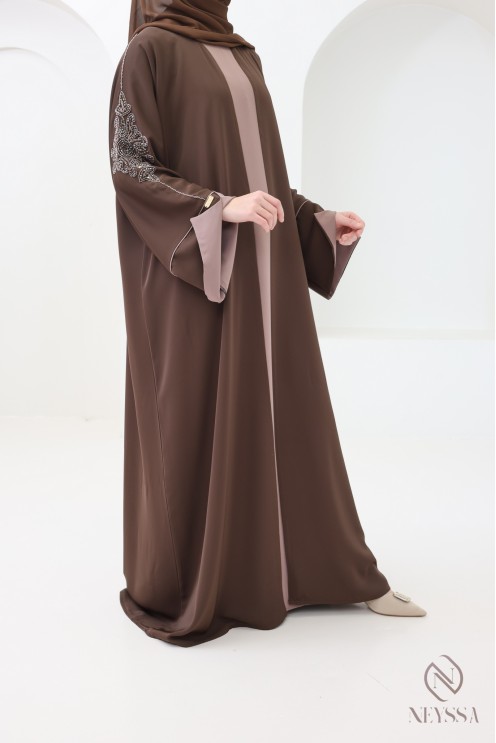 4-piece Dubai abaya, brown kimono abaya with embroidered pearls