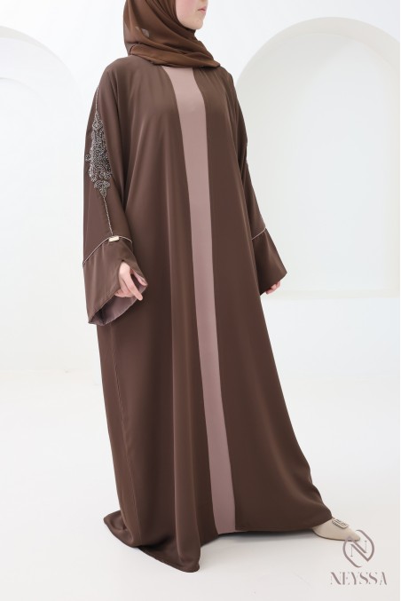 Abaya Dubaï 4 pièces, abaya kimono marron avec perles brodées