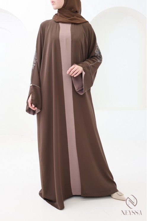 Abaya Dubaï 4 pièces, abaya kimono marron avec perles brodées