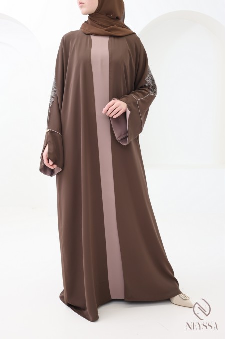 Abaya Dubaï 4 pièces, abaya kimono marron avec perles brodées