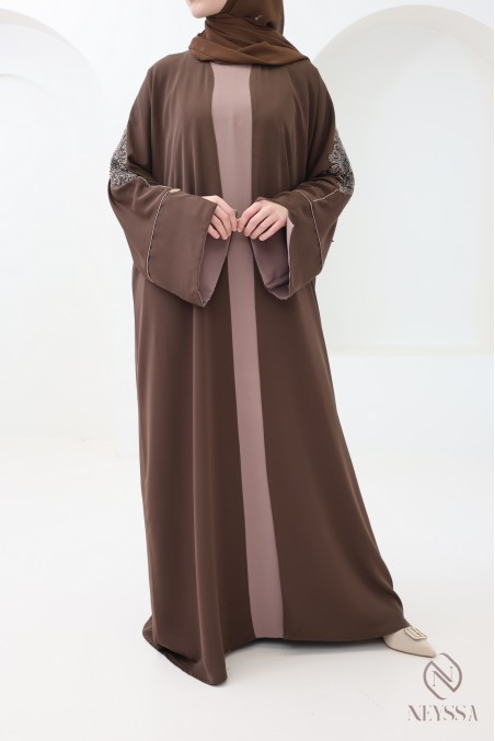 Abaya Dubaï 4 pièces, abaya kimono marron avec perles brodées