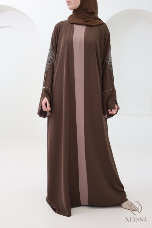 4-piece Dubai abaya, brown kimono abaya with embroidered pearls