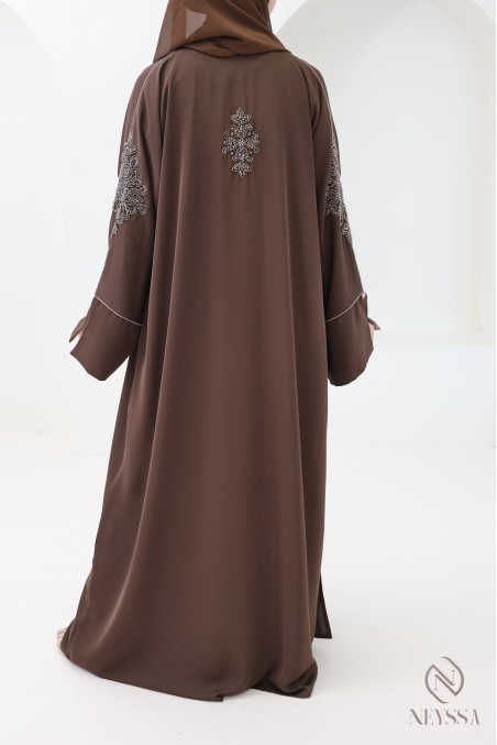 Abaya Dubaï 4 pièces, abaya kimono marron avec perles brodées