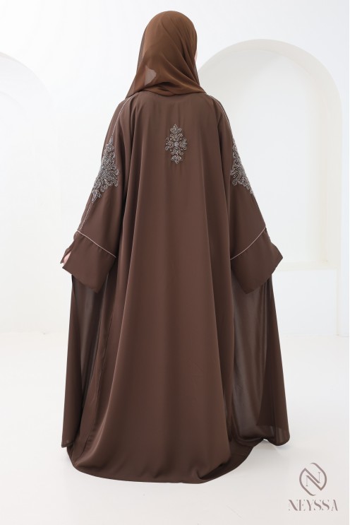 4-piece Dubai abaya, brown kimono abaya with embroidered pearls