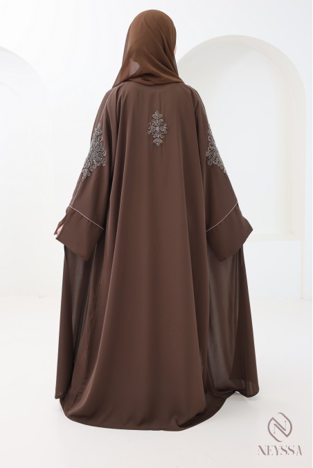 Abaya Dubaï 4 pièces, abaya kimono marron avec perles brodées
